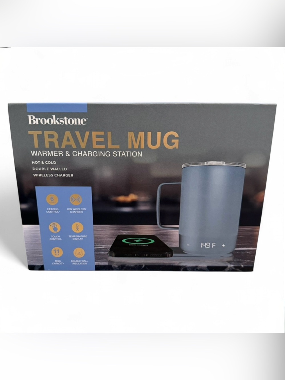 NEW Brookstone Matte Blue Travel Mug with Warmer & Wireless Charging Station